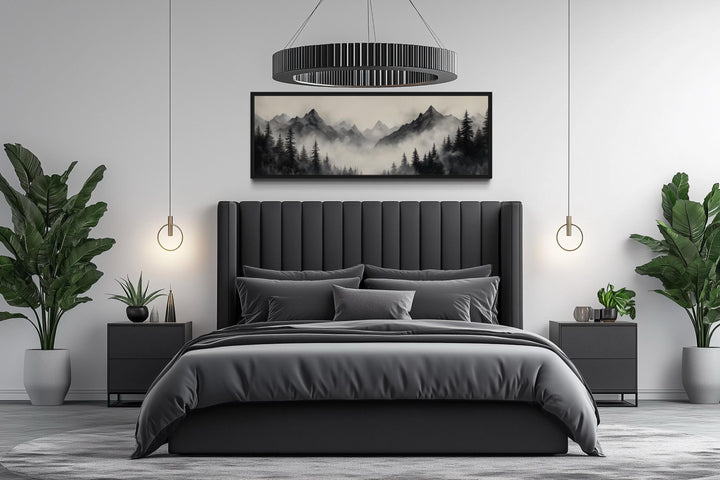 Black And Beige Watercolor Foggy Mountain Forest Long Horizontal Wall Art