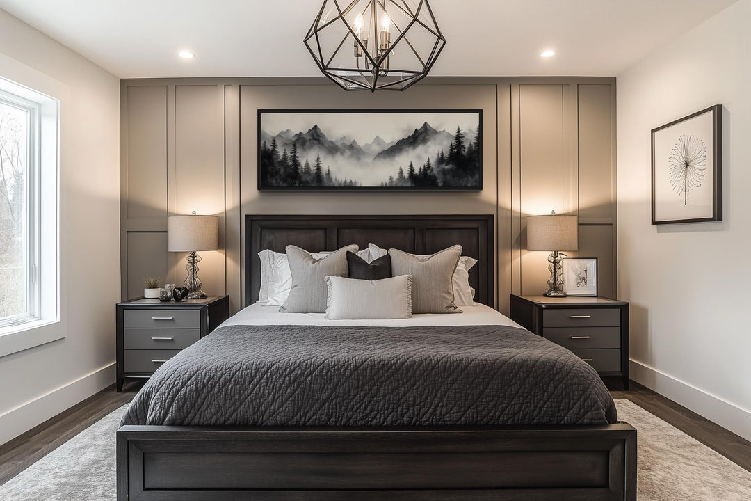 Black And Beige Watercolor Foggy Mountain Forest Long Horizontal Wall Art
