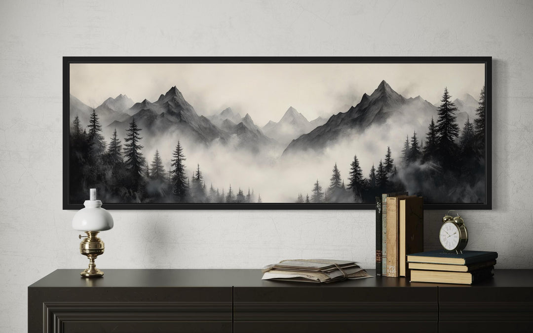Black And Beige Watercolor Foggy Mountain Forest Long Horizontal Wall Art