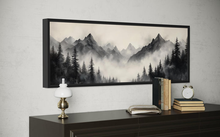 Black And Beige Watercolor Foggy Mountain Forest Long Horizontal Wall Art