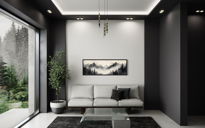 Black And Beige Watercolor Foggy Mountain Forest Long Horizontal Wall Art