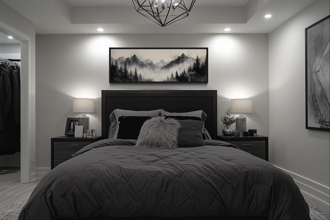 Wall Art For Bedroom - Black And Beige Watercolor Foggy Mountain Forest Long Horizontal Wall Art