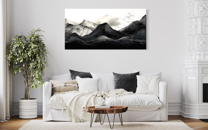 Black And White Abstract Marble Mountains Framed Canvas Wall Art