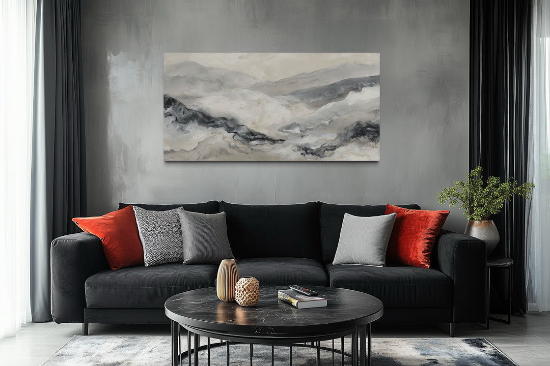 Black And White Abstract Marble Mountains Framed Canvas Wall Art