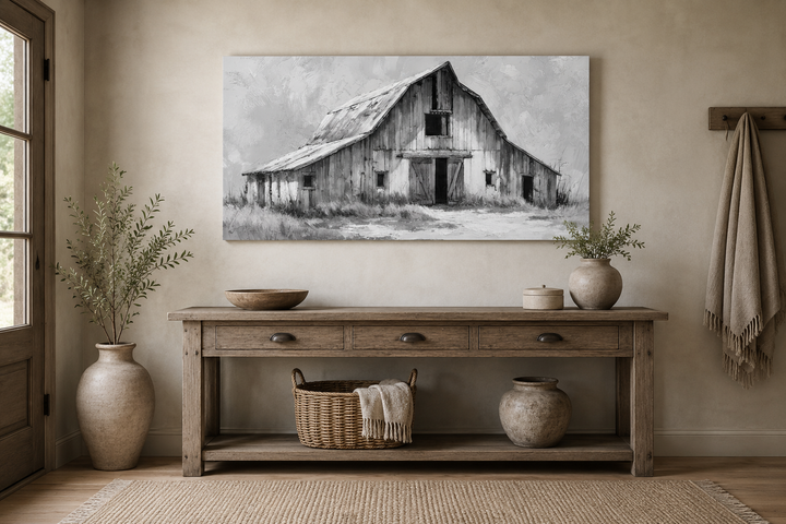 Black and white barn canvas print above a rustic wooden console table in a farmhouse interior.