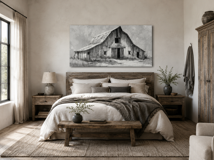 Black and white barn canvas print above a rustic wooden bed in a farmhouse style bedroom.