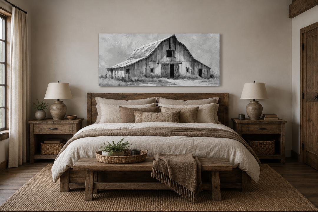 Black and white barn canvas print above a wooden bed in a rustic farmhouse bedroom.