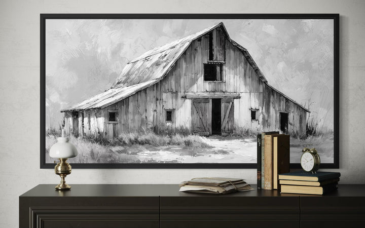 Black and white rustic farmhouse canvas print of a weathered barn in a monochrome painted style.