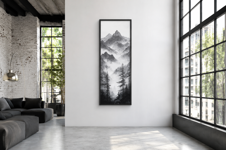 Black and white vertical canvas art of a foggy mountain forest with pine trees on a white wall.