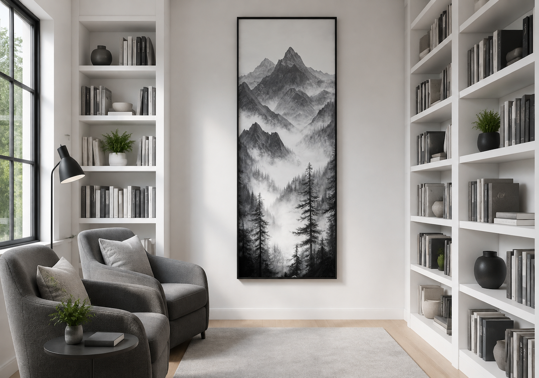 Black and white foggy mountain forest long vertical canvas wall art in a modern reading nook.