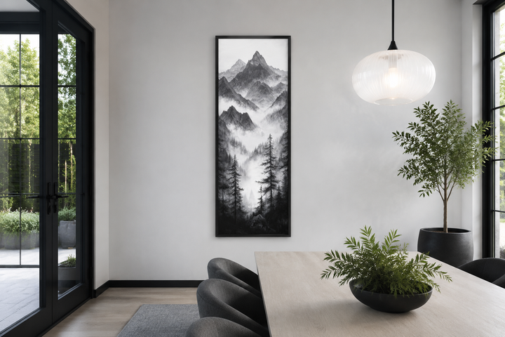 Black and white foggy mountain forest long vertical canvas wall art in a modern dining room.
