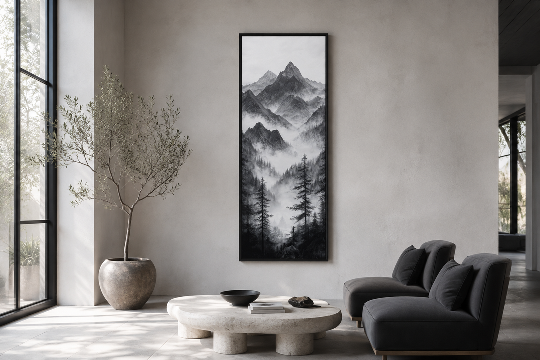 Black and white foggy mountain forest long vertical canvas wall art in a modern living room.