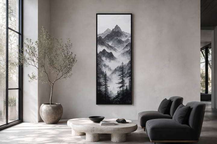 Black and white foggy mountain forest long vertical canvas wall art in a modern living room.