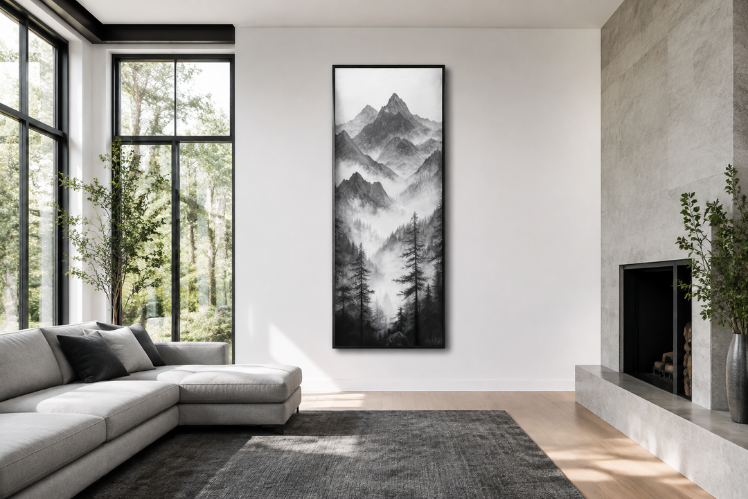 Black and white vertical canvas art of a foggy mountain forest in a modern living room.