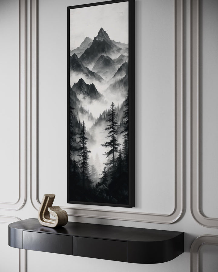 Black And White Foggy Mountain Forest Long Vertical Canvas Wall Art