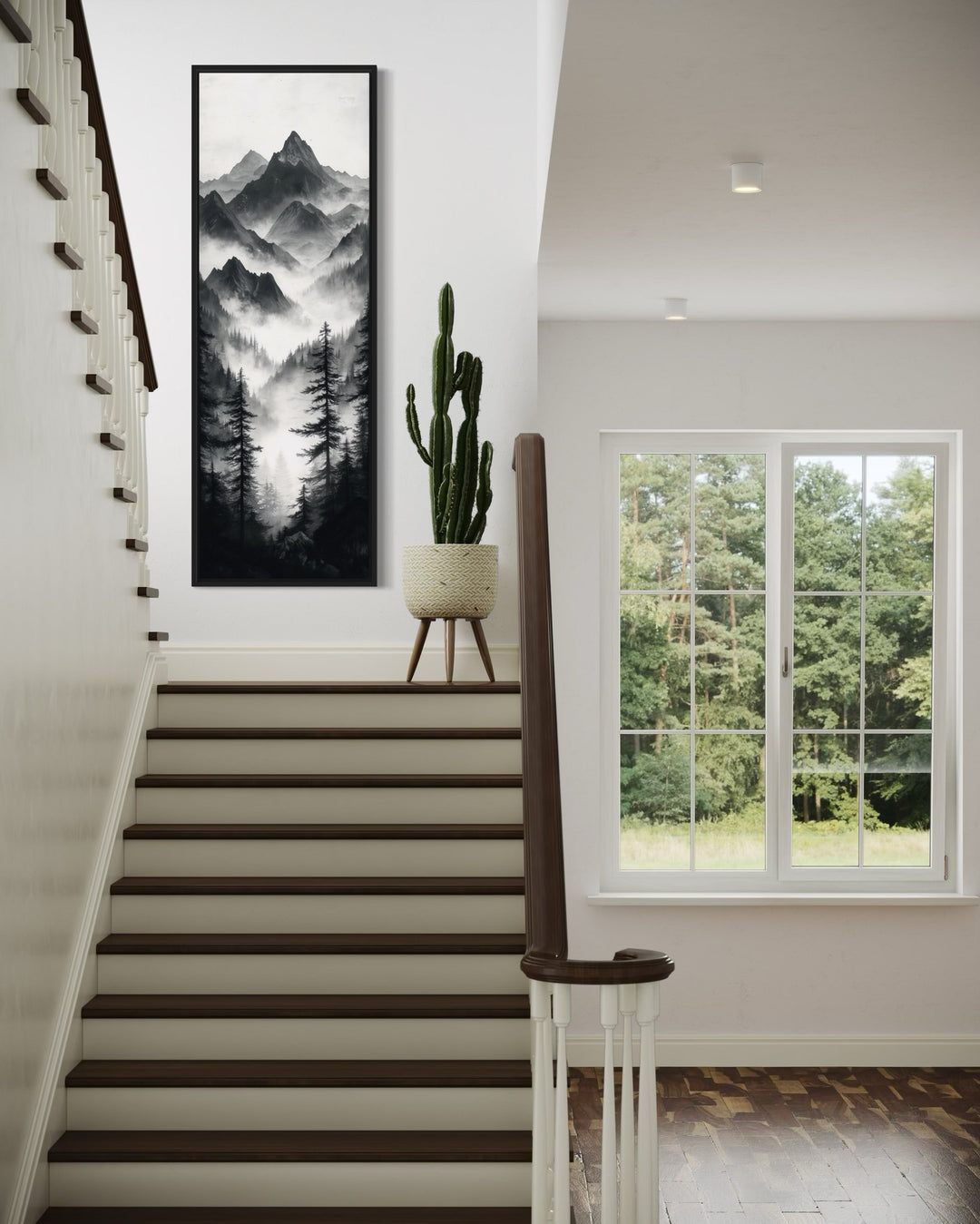 Black And White Foggy Mountain Forest Long Vertical Canvas Wall Art