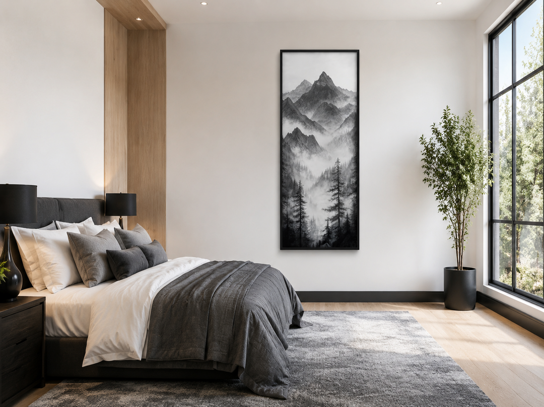 Black and white foggy mountain forest long vertical canvas wall art hanging in a modern bedroom.