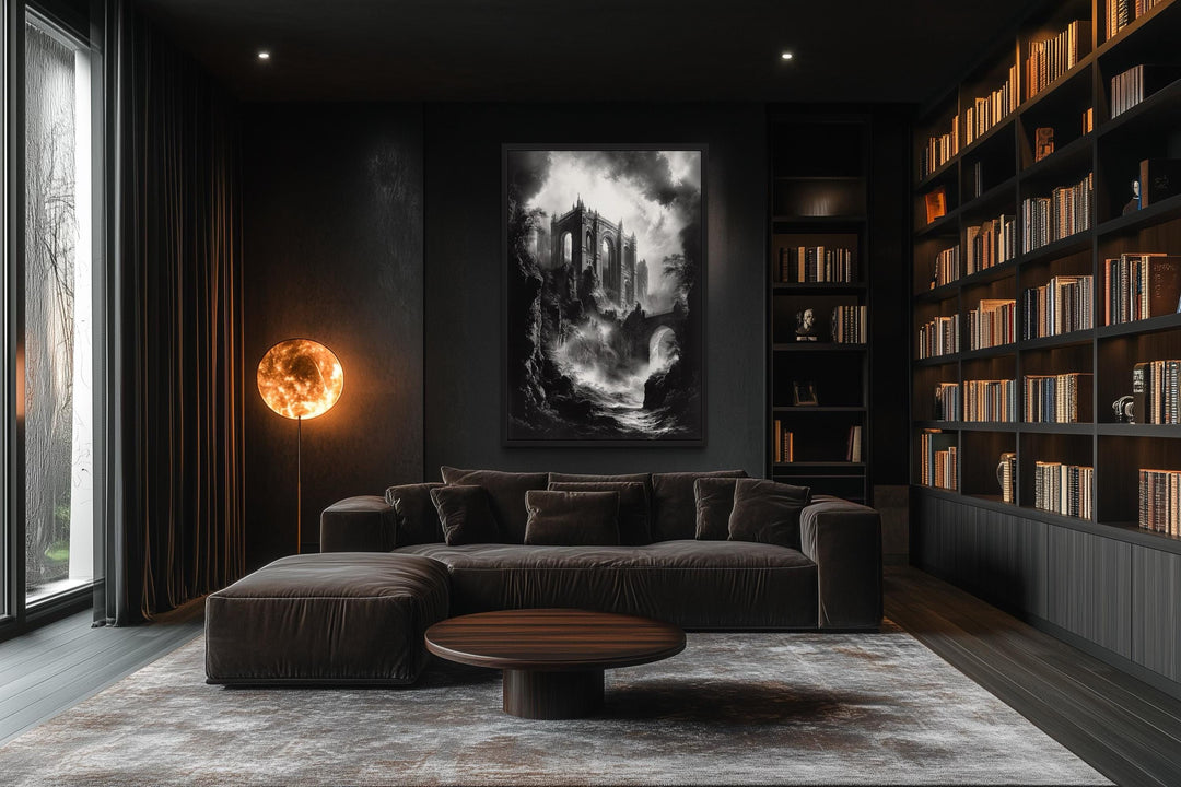 Black and white canvas art of a gothic dilapidated castle in a dark, modern living room.