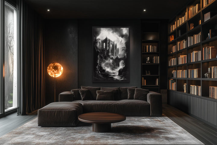 Black and white canvas art of a gothic dilapidated castle in a dark, modern living room.