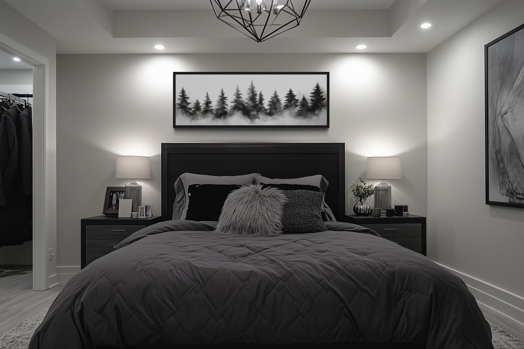 Black And White Watercolor Foggy Pine Tree Forest Horizontal Canvas Wall Art