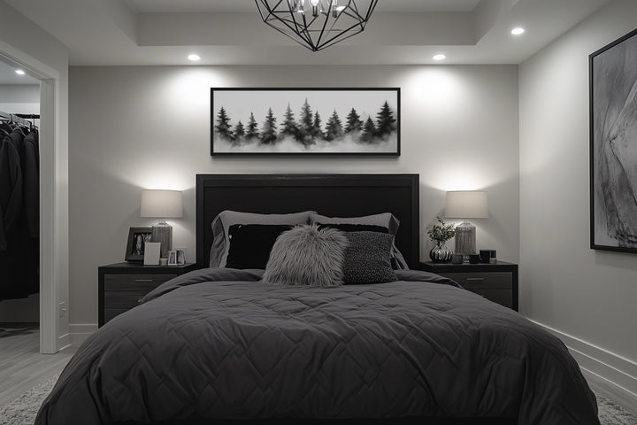 Black And White Watercolor Foggy Pine Tree Forest Horizontal Canvas Wall Art