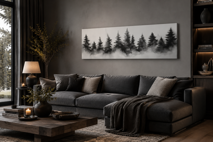 Black and white watercolor foggy pine tree forest horizontal canvas wall art above a dark sofa.
