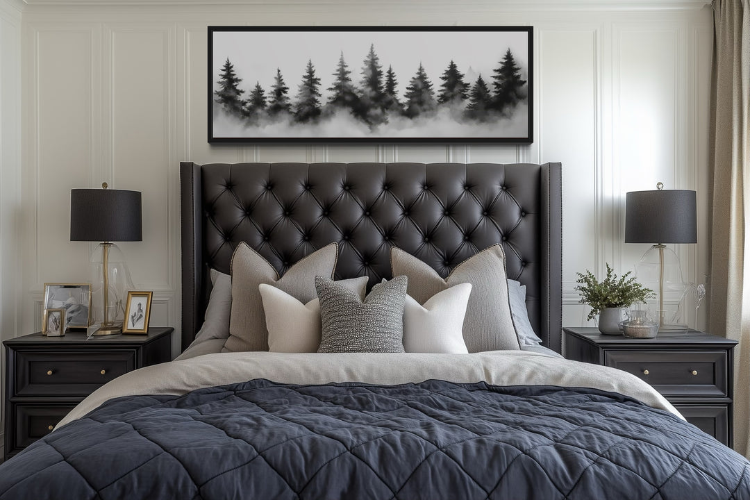 Black And White Watercolor Foggy Pine Tree Forest Horizontal Canvas Wall Art