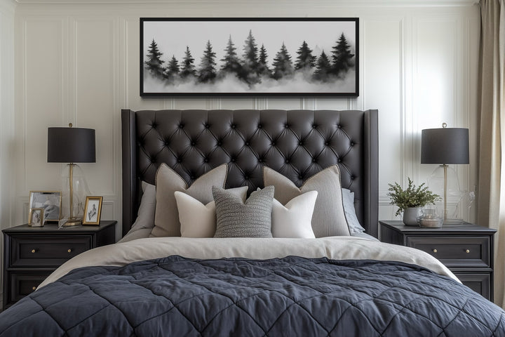 Black And White Watercolor Foggy Pine Tree Forest Horizontal Canvas Wall Art