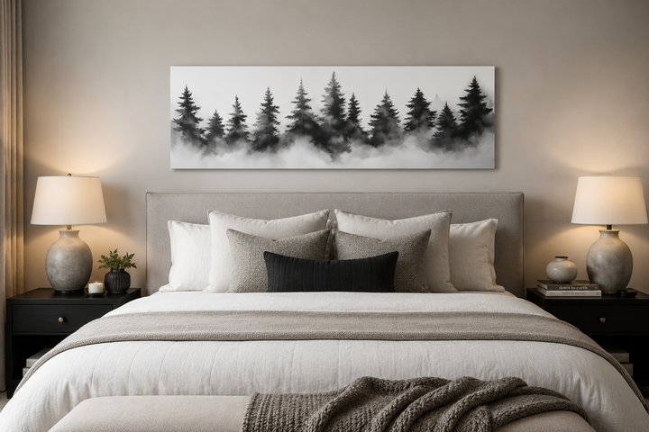 Black and white watercolor foggy pine tree forest horizontal canvas wall art above a bed.
