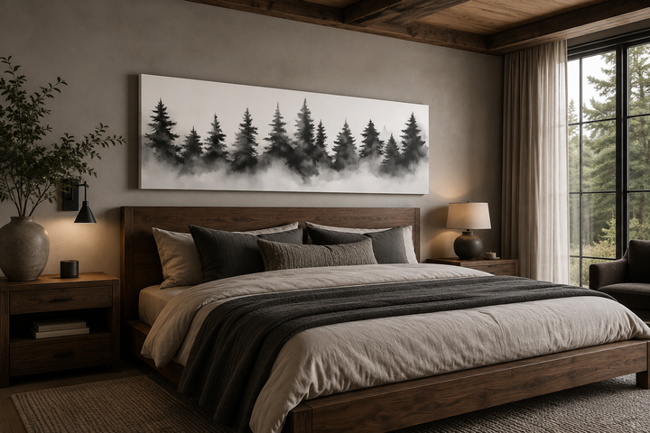 Black and white watercolor foggy pine tree forest horizontal canvas wall art above a wooden bed.