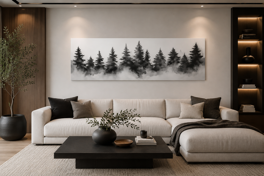 Black and white watercolor foggy pine tree forest horizontal canvas wall art above a white sofa.
