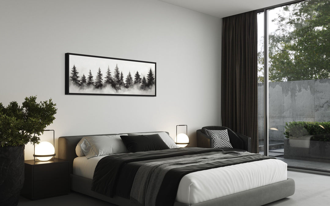 Black And White Watercolor Foggy Pine Tree Forest Horizontal Canvas Wall Art