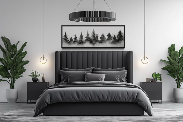 Black And White Watercolor Foggy Pine Tree Forest Horizontal Canvas Wall Art