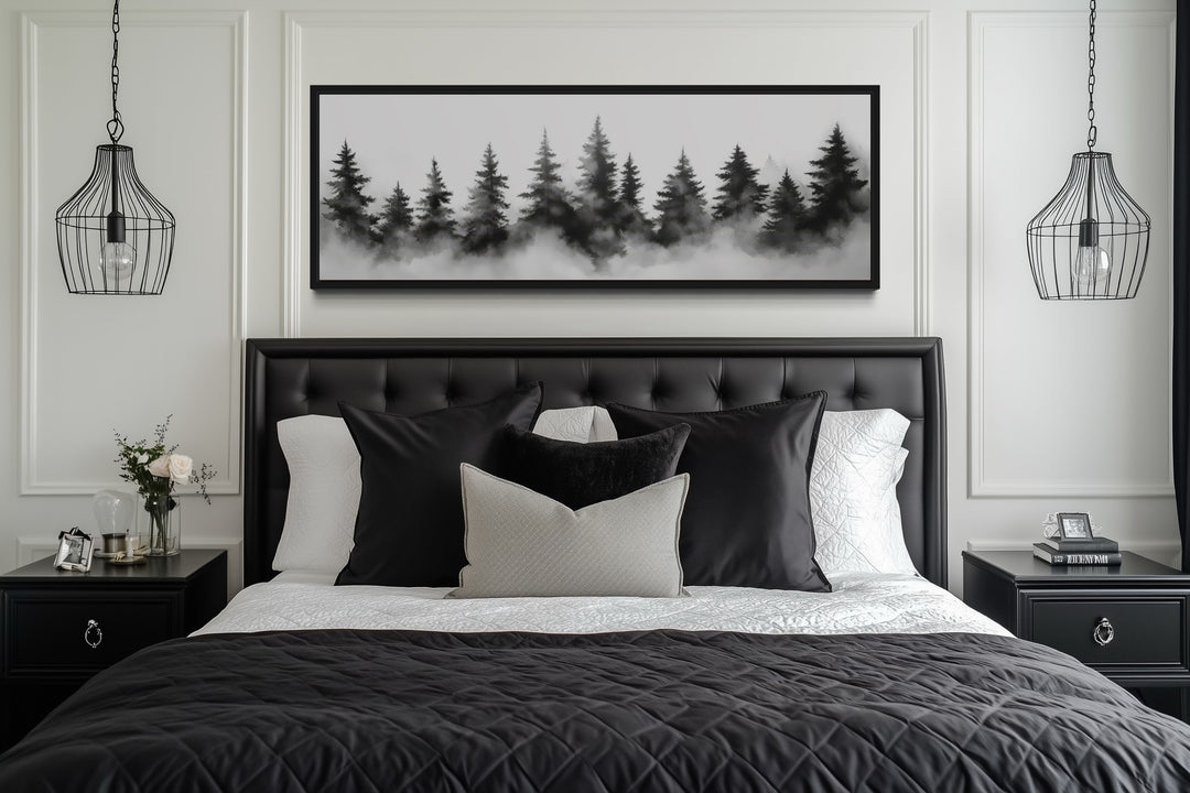 Black And White Watercolor Foggy Pine Tree Forest Horizontal Canvas Wall Art