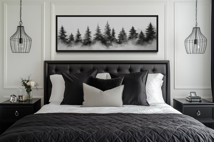 Black And White Watercolor Foggy Pine Tree Forest Horizontal Canvas Wall Art