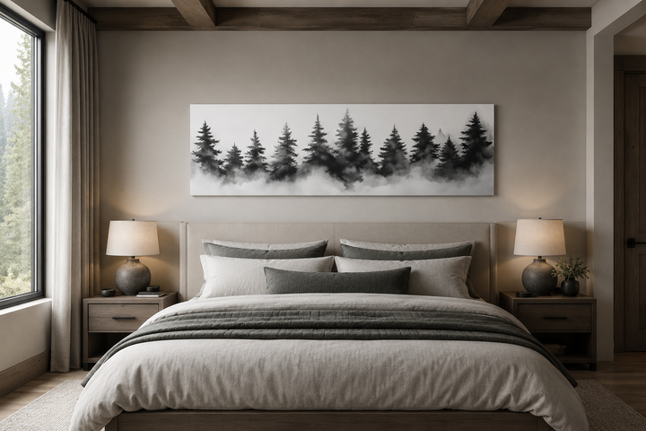 Black and white watercolor foggy pine tree forest horizontal canvas wall art above a bed.