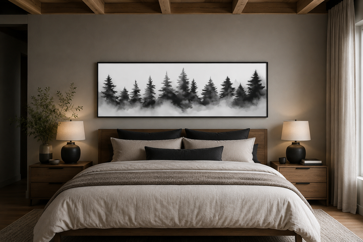 Black and white watercolor foggy pine tree forest horizontal canvas wall art above a bed.