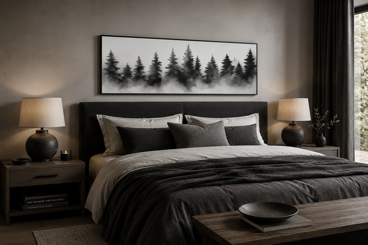 Black and white watercolor foggy pine tree forest horizontal canvas wall art above a bed.
