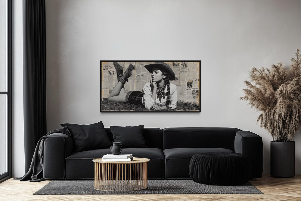 Black And White Western Cowgirl On Newspaper Collage Wall Art