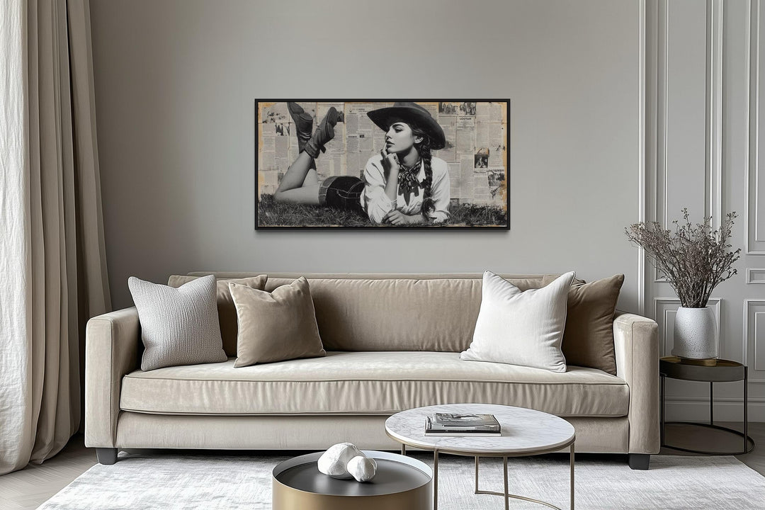 Black And White Western Cowgirl On Newspaper Collage Wall Art