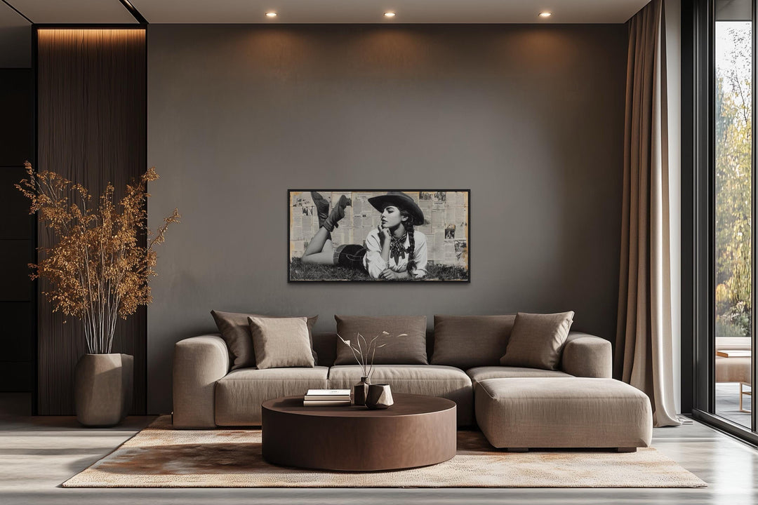 Black And White Western Cowgirl On Newspaper Collage Wall Art