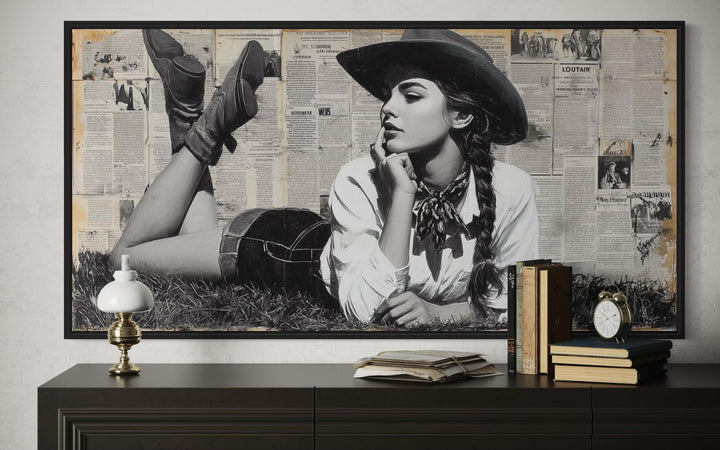 Black And White Western Cowgirl On Newspaper Collage Wall Art
