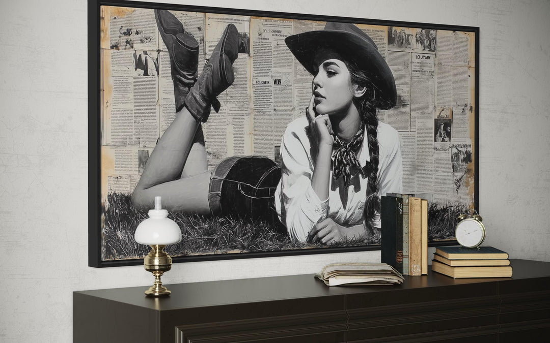 Black And White Western Cowgirl On Newspaper Collage Wall Art