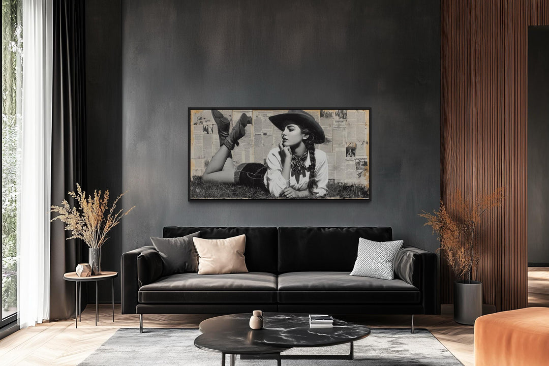 Black And White Western Cowgirl On Newspaper Collage Wall Art