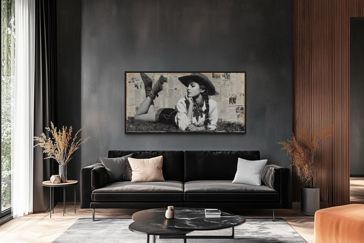 Black And White Western Cowgirl On Newspaper Collage Wall Art