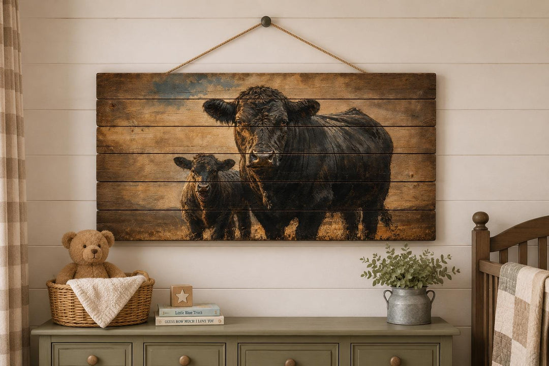 Black Angus cow and calf wood wall art hanging above a dresser in a farmhouse-style room.