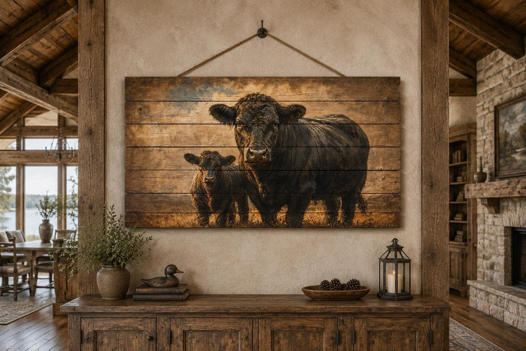 Black Angus cow and calf wood wall art hanging in a rustic farmhouse living room.