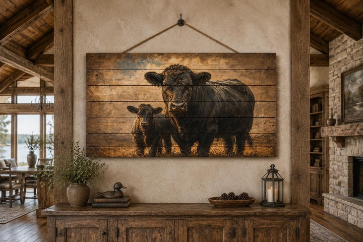 Black Angus cow and calf wood wall art hanging in a rustic farmhouse living room.