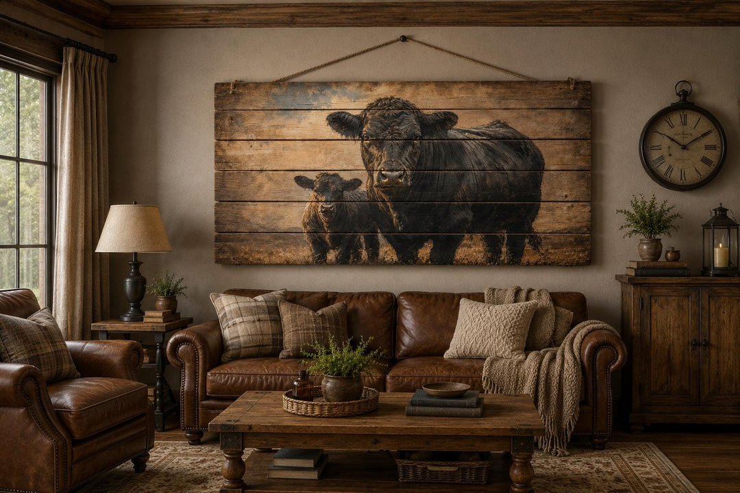 Black Angus cow and calf wood wall art hanging above a brown leather sofa in a farmhouse living room
