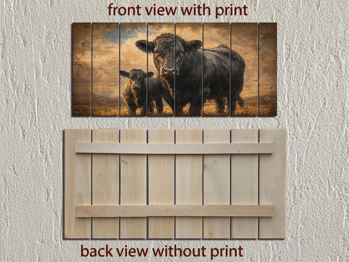 Front and back views of a Black Angus cow and calf printed on a horizontal slatted wood wall panel.